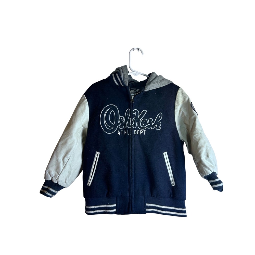 OshKosh Varsity Jacket Size 5 Navy Blue Faux Leather Sleeve Hooded Boys